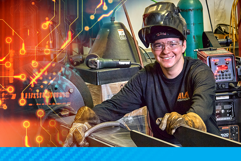 welder with technology design overlay